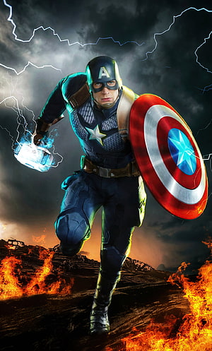 Captain America wielding Mjolnir and shield in a fiery battlefield with lightning HD phone wallpaper