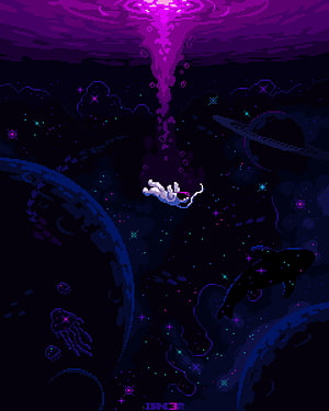 Pixel Art Space Whale Swimming Through Purple Nebula And Planets HD phone wallpaper