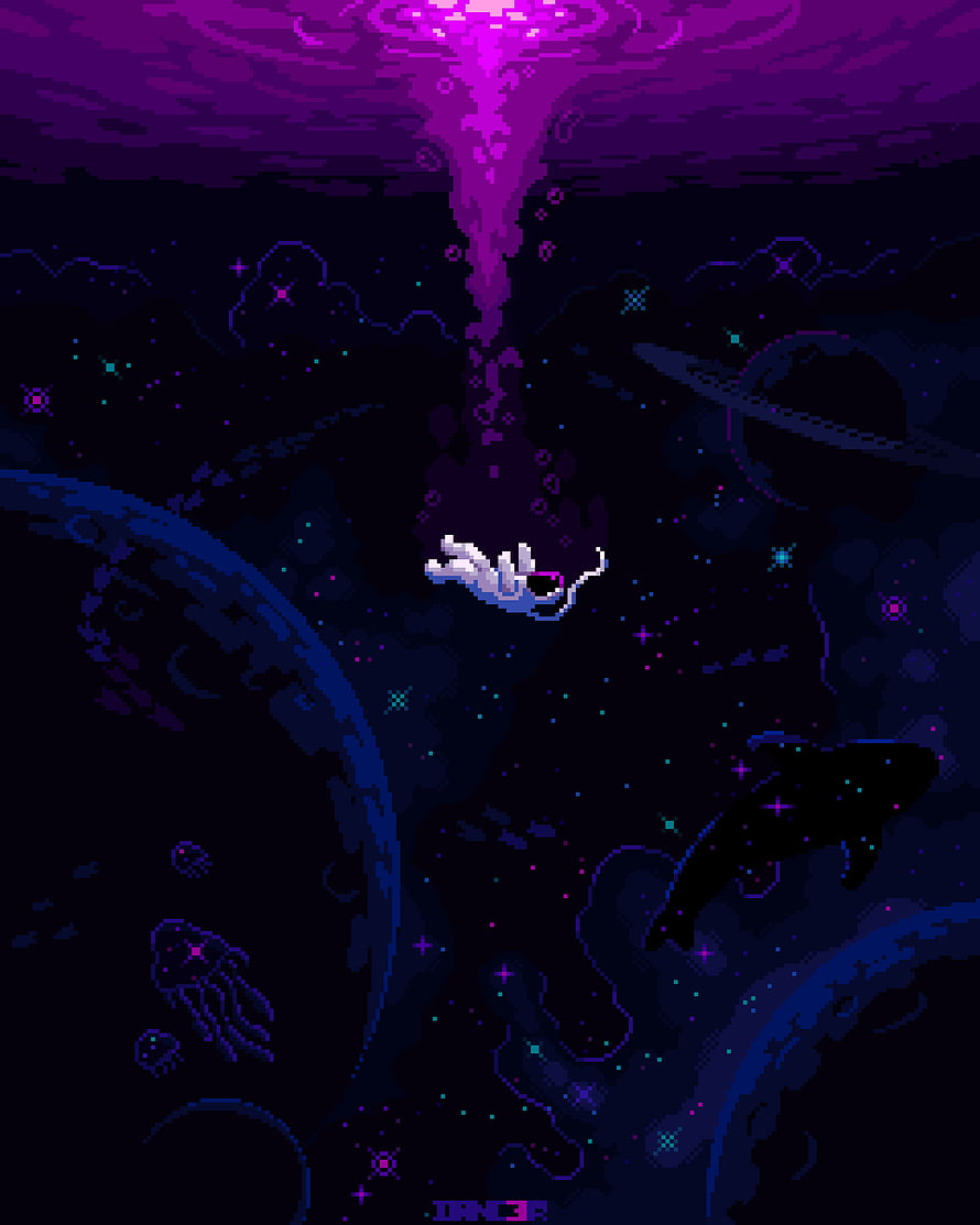 Pixel Art Space Whale Swimming Through Purple Nebula And Planets HD phone wallpaper