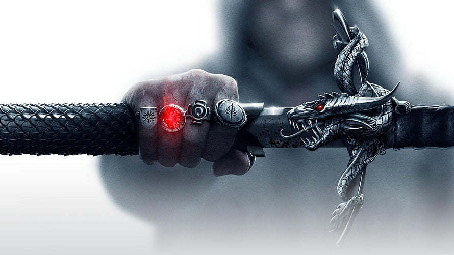 Dark Fantasy Hand Gripping Dragon Sword with Glowing Red Ring HD wallpaper