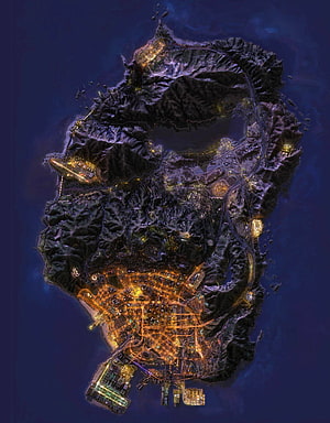 Grand Theft Auto 5 Nighttime Island Map with Glowing City Lights and Mountainous Terrain HD phone wallpaper