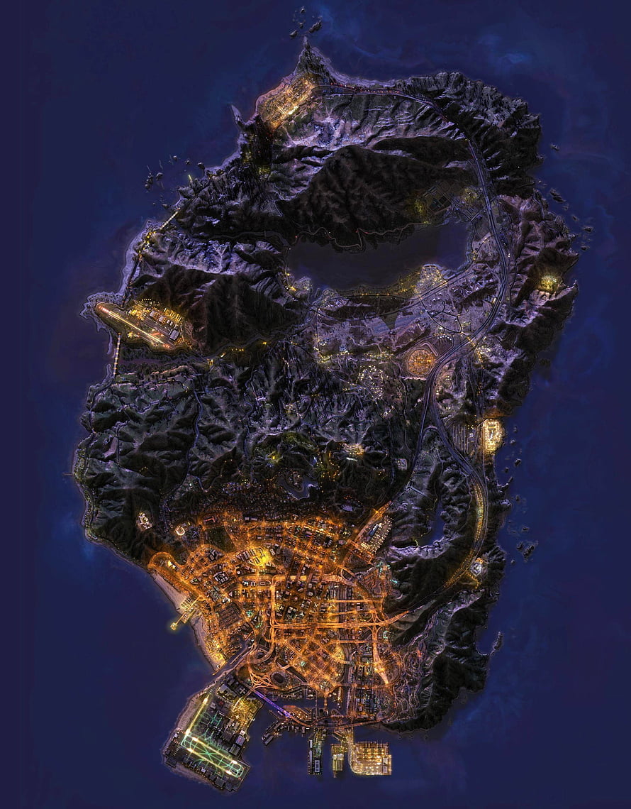 Grand Theft Auto 5 Nighttime Island Map with Glowing City Lights and Mountainous Terrain HD phone wallpaper