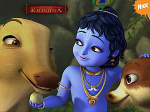 Little Krishna 3D Animation Wallpaper with Cows and Peacock Feather Crown HD wallpaper