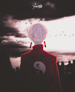 Anime Character With White Hair And Red Earrings Standing Against A Dramatic Sunset Sky HD phone wallpaper