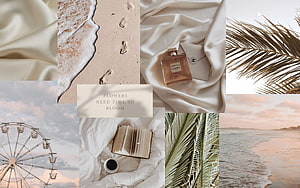 Aesthetic beige collage featuring beach waves, palm leaves, a Ferris wheel, and luxury perfume with inspirational quote HD wallpaper