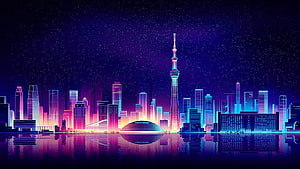 Neon Tokyo Skyline with Tokyo Tower and Starry Night Skyline Reflection HD wallpaper