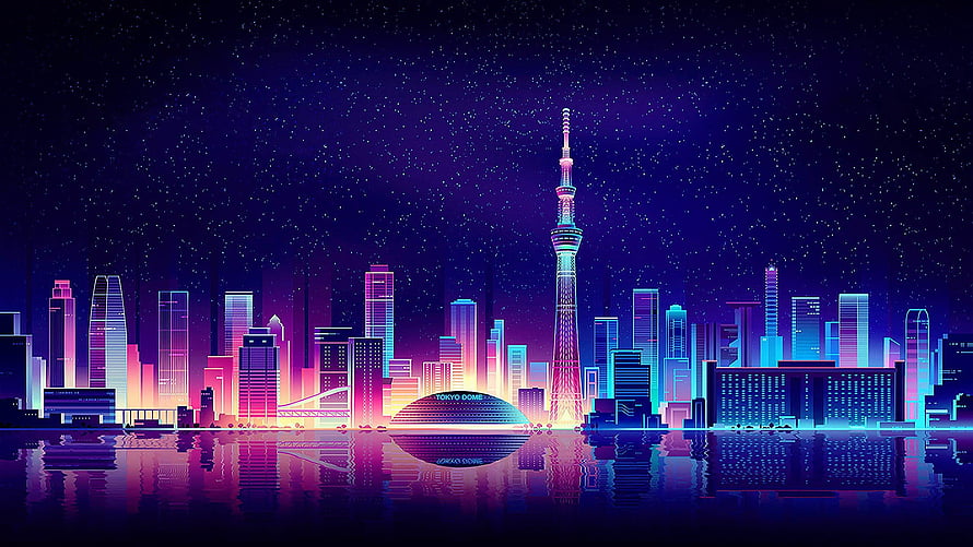 Neon Tokyo Skyline with Tokyo Tower and Starry Night Skyline Reflection HD wallpaper