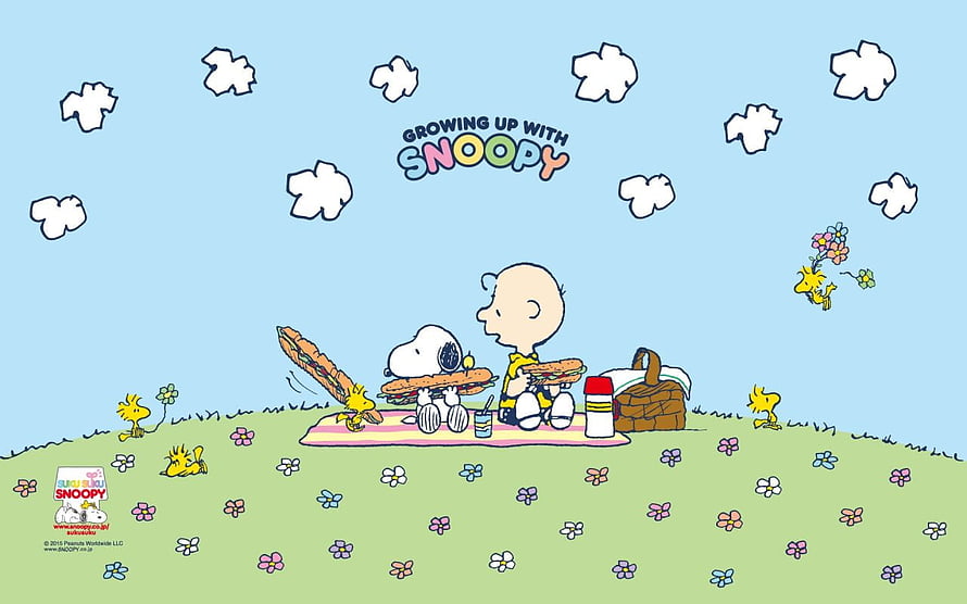 Snoopy and Charlie Brown Enjoying a Picnic with Woodstock in a Flower Field HD wallpaper