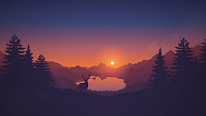 Stylized Deer Silhouette on Mountain Ridge at Sunset with Pine Trees and Lake HD wallpaper
