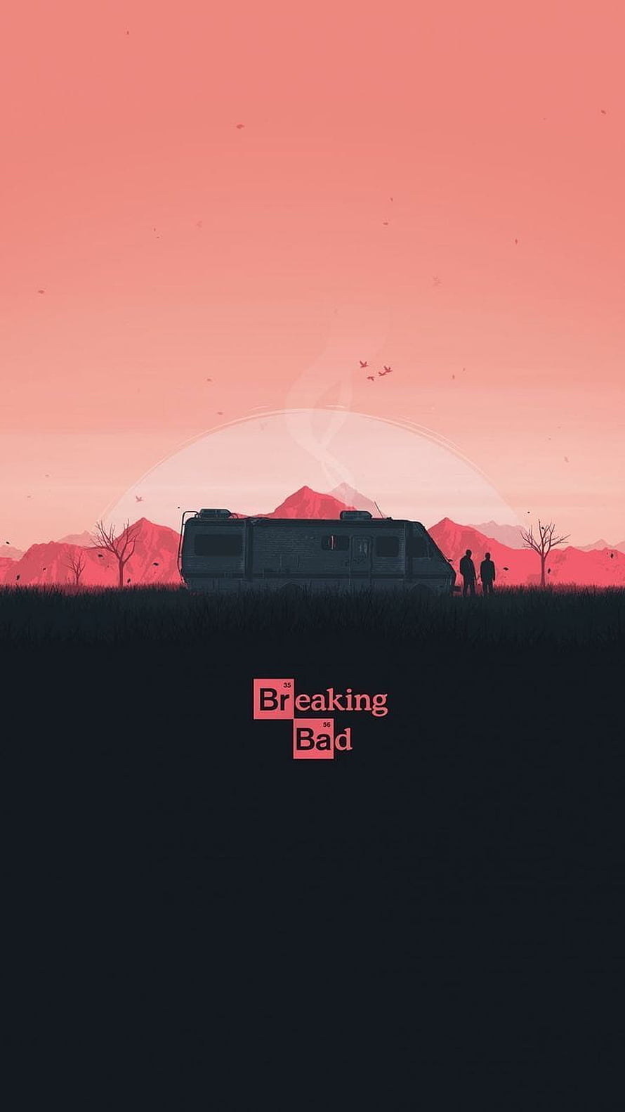 Breaking Bad RV in desert landscape at sunset with two silhouetted figures and mountains HD phone wallpaper