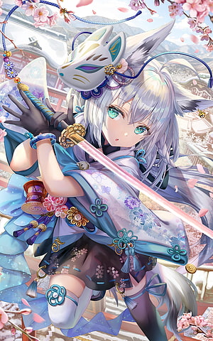 Anime Girl with Fox Ears Holding Katana Under Cherry Blossoms HD phone wallpaper
