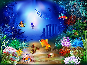 Vibrant Underwater Scene With Colorful Fish, Coral Reefs, and Ancient Sunken Columns HD wallpaper