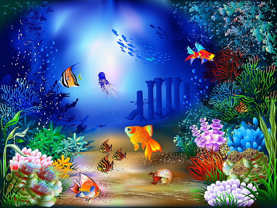 Vibrant Underwater Scene With Colorful Fish, Coral Reefs, and Ancient Sunken Columns HD wallpaper
