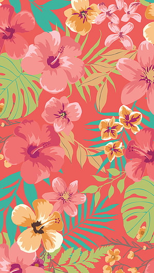 Coral Tropical Floral Pattern with Hibiscus and Monstera Leaves HD phone wallpaper