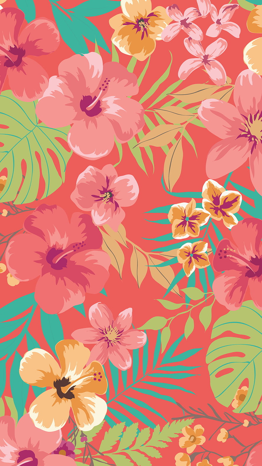 Coral Tropical Floral Pattern with Hibiscus and Monstera Leaves HD phone wallpaper