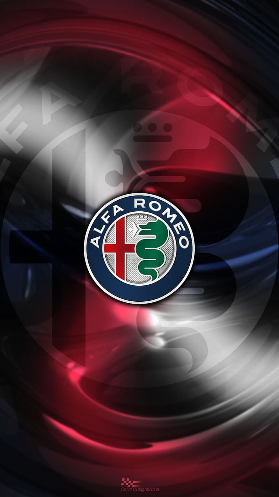 Alfa Romeo Racing Emblem on Dynamic Red and Black Swirl Background HD phone wallpaper