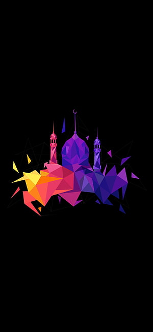 Low Poly Geometric Mosque Illustration With Vibrant Gradient Colors On Black Background HD phone wallpaper