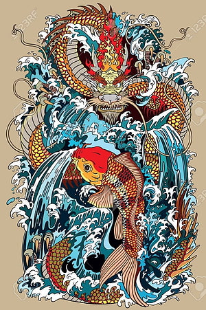 Japanese Dragon and Koi Carp Tattoo Illustration with Ocean Waves HD phone wallpaper