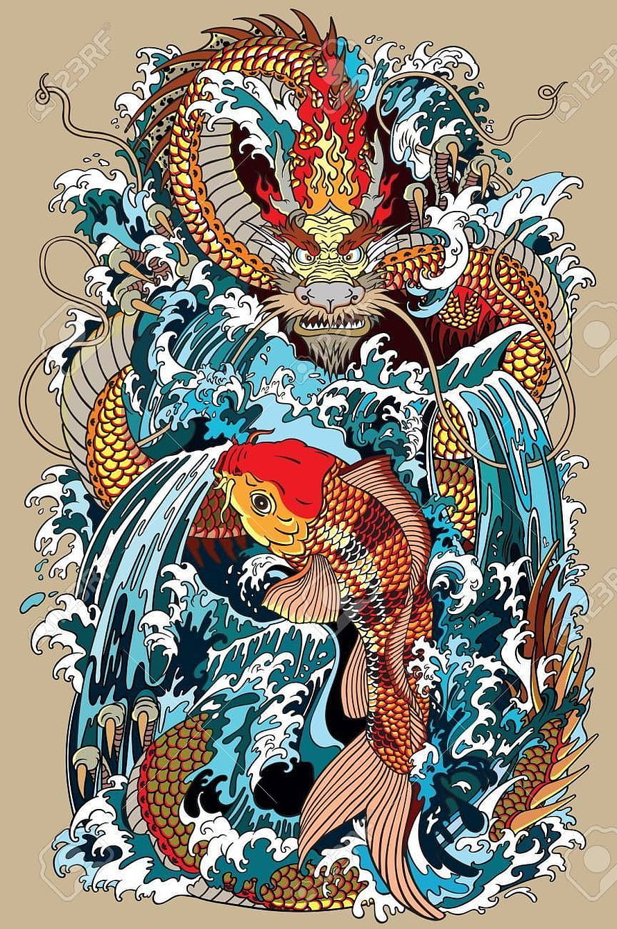 Japanese Dragon and Koi Carp Tattoo Illustration with Ocean Waves HD phone wallpaper