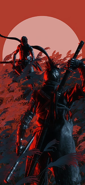 Samurai warrior facing a horned demon in tall grass under a red sun HD phone wallpaper