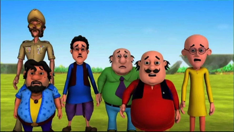 Motu Patlu 3D Animated Characters Standing in a Green Field Under a Blue Sky HD wallpaper