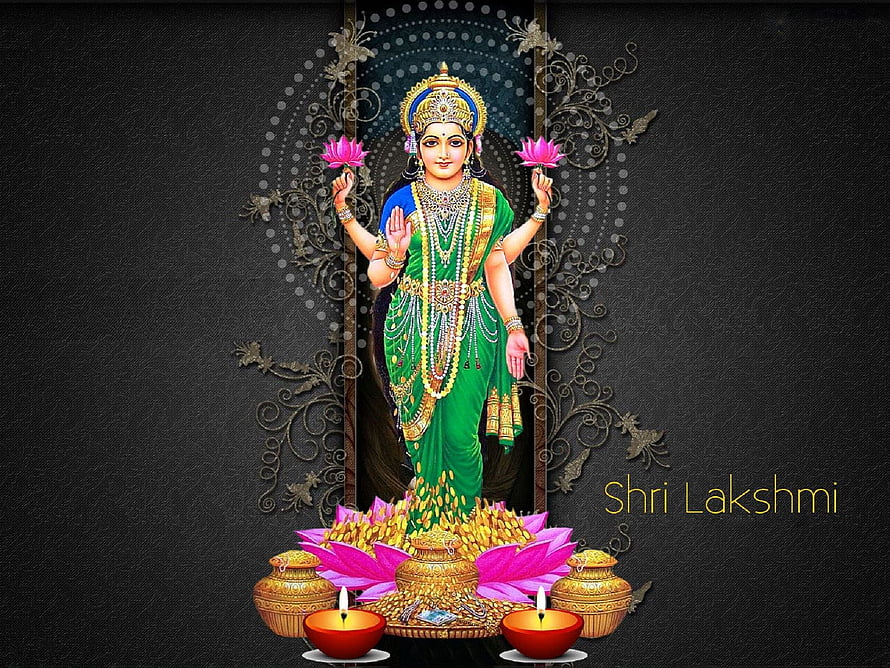Goddess Lakshmi in Green Saree Holding Pink Lotuses with Gold Coins and Diyas HD wallpaper