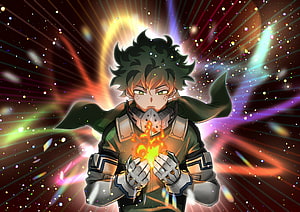 My Hero Academia Izuku Midoriya Channeling Green Flame Power in Dramatic Anime Illustration HD wallpaper