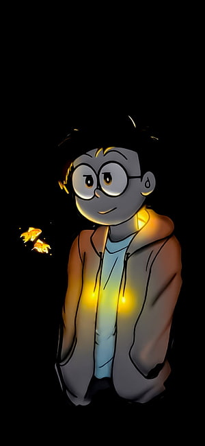 Cartoon boy with glasses and glowing goldfish in dark background HD phone wallpaper