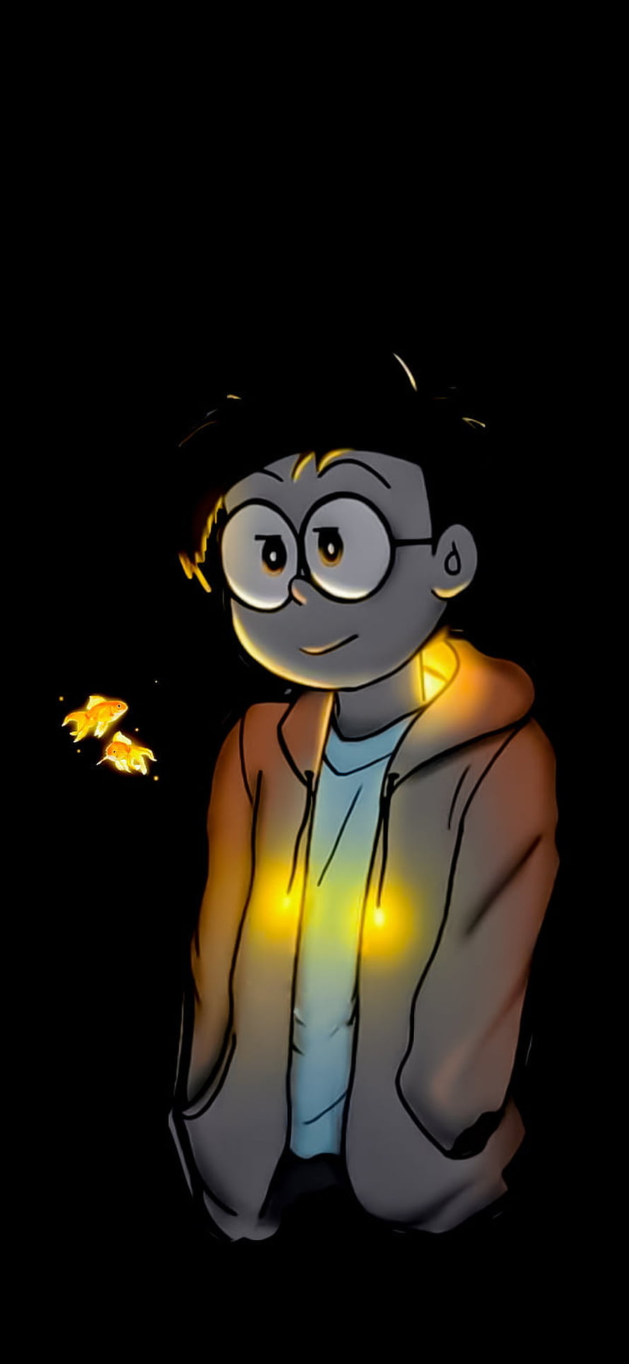 Cartoon boy with glasses and glowing goldfish in dark background HD phone wallpaper