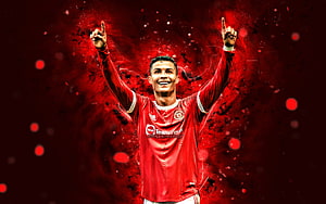 Cristiano Ronaldo Manchester United Red Jersey Celebration Wallpaper, Cristiano Ronaldo, , joy, Manchester United, football stars, CR7, Manchester United FC, red neon lights, Cristiano Ronaldo , Cristiano Ronaldo Manchester United, CR7 Man United HD wallpaper
