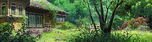 Studio Ghibli Style Countryside Cottage with Lush Garden and Forest Path HD wallpaper