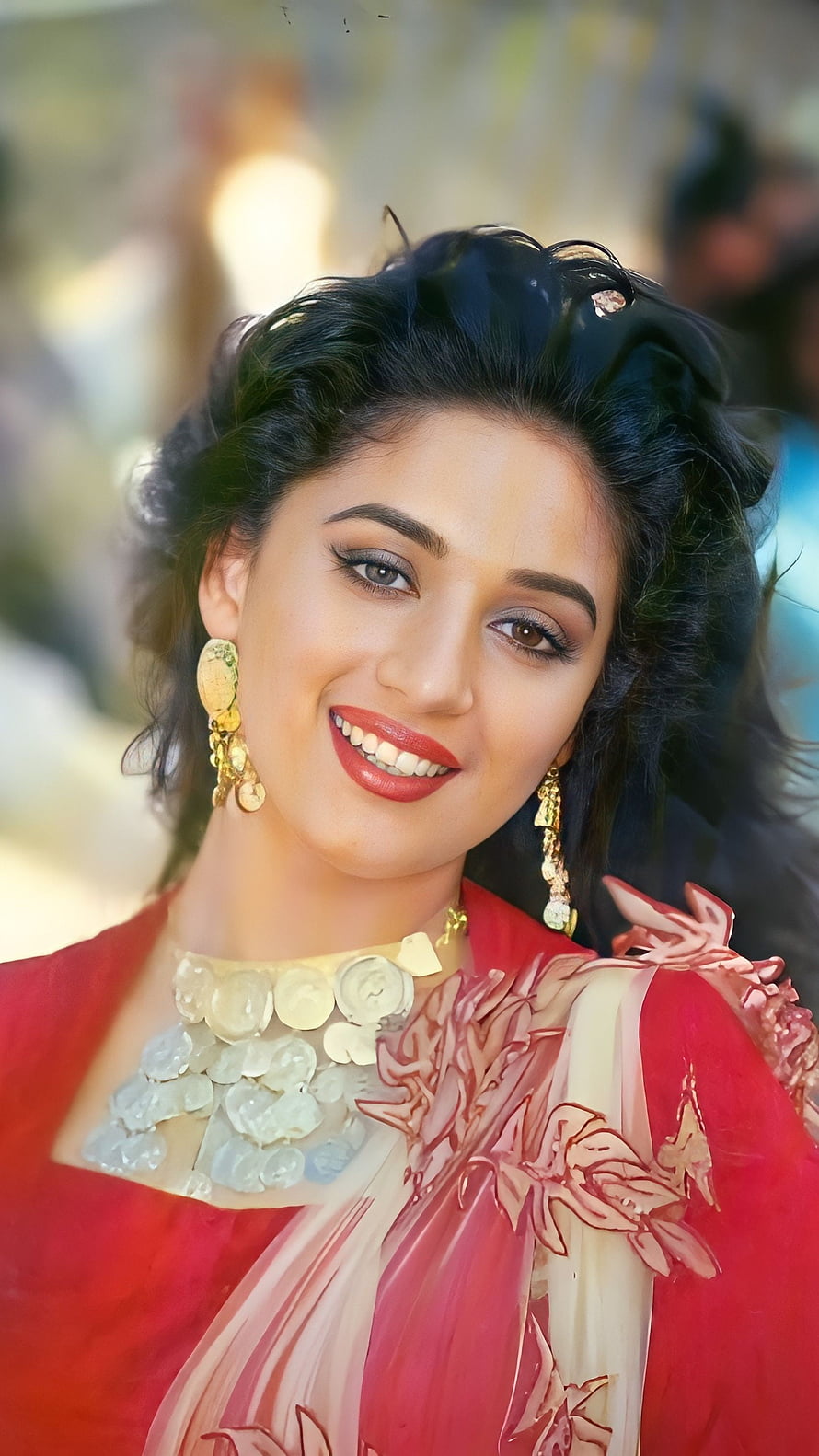 Madhuri Dixit in a red sari with gold jewelry and floral necklace HD phone wallpaper