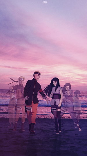 Naruto and Hinata Walking on Beach at Sunset Anime Wallpaper HD phone wallpaper