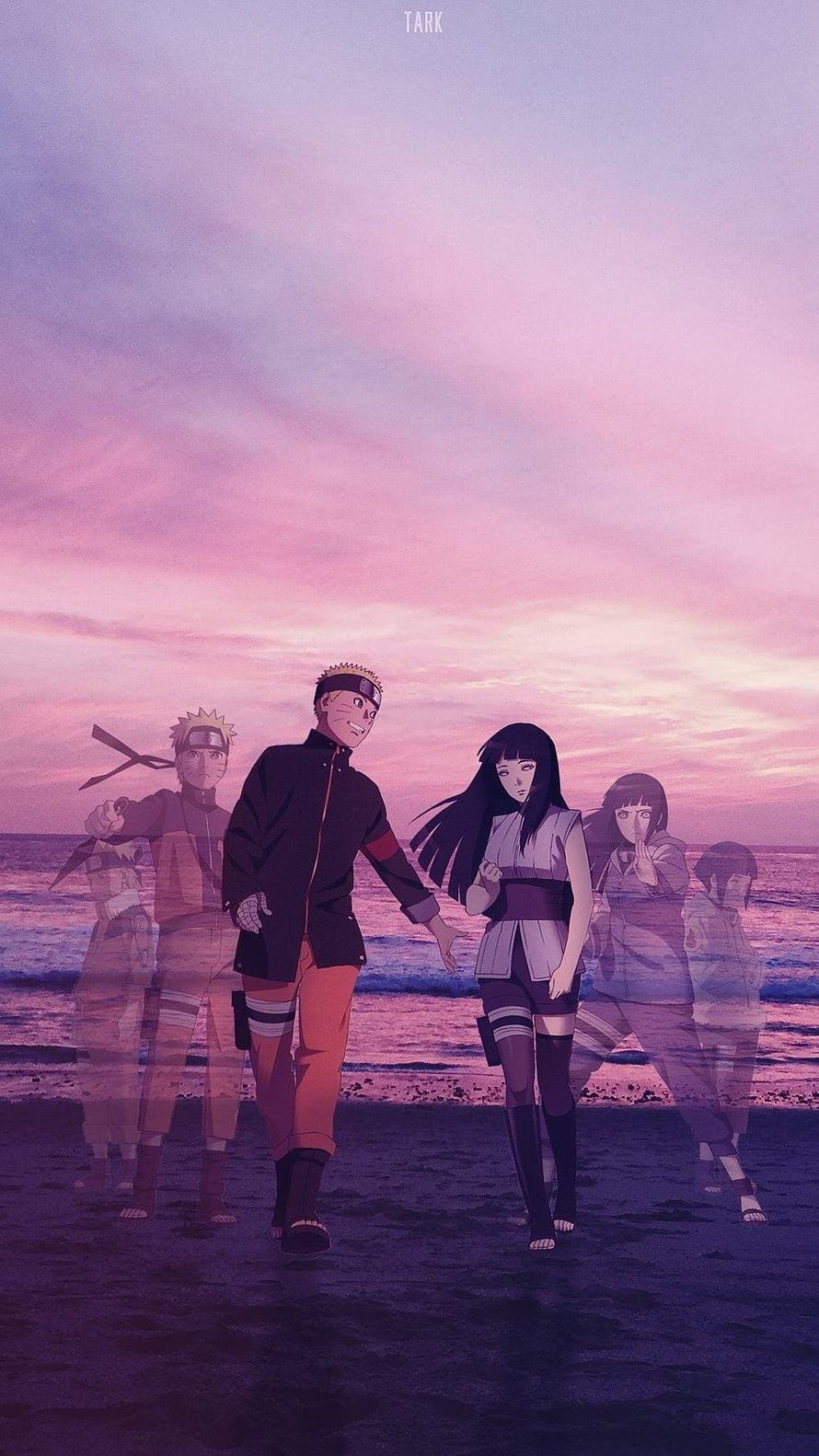 Naruto and Hinata Walking on Beach at Sunset Anime Wallpaper HD phone wallpaper