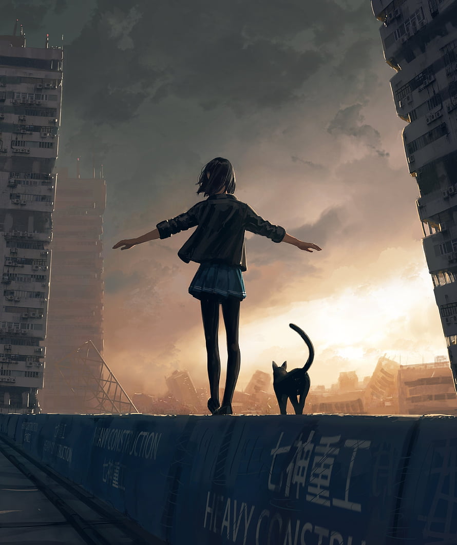 Anime girl with outstretched arms and a black cat on a rooftop overlooking a ruined city at sunset HD phone wallpaper
