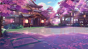 Demon Slayer Wisteria Child Anime Scenery with Traditional Japanese Architecture and Cherry Blossoms HD wallpaper