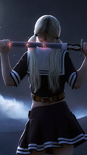Anime Girl in Sailor Uniform Holding Glowing Katana at Night HD phone wallpaper