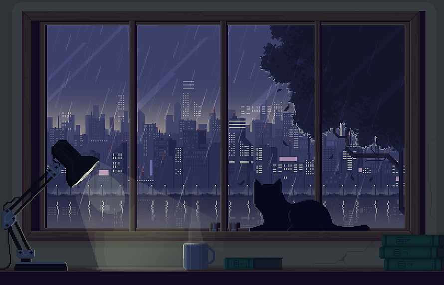 Pixel Art Cat Watching Rainy City Night From Window With Lamp And Books HD wallpaper
