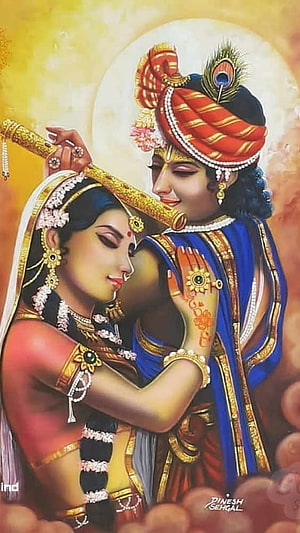 Radha Krishna Embracing With Flute And Peacock Feather HD phone wallpaper
