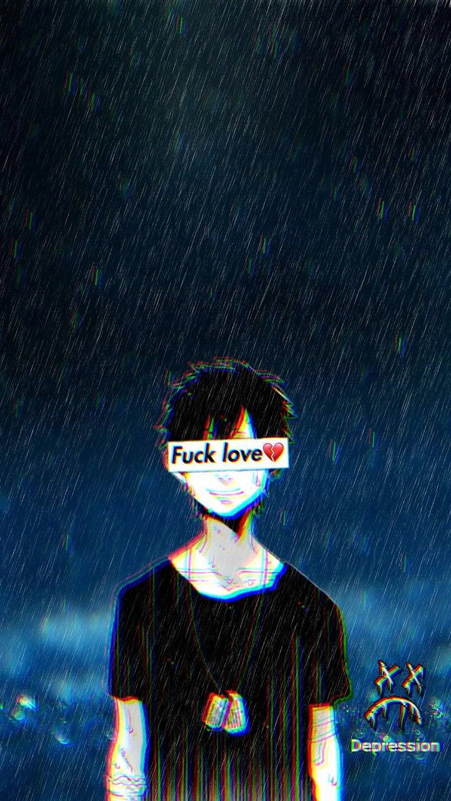 Sad Anime Boy In Rain With Glitch Effect And Broken Heart Text Overlay HD phone wallpaper