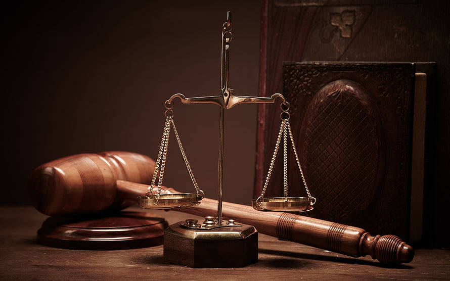 Classic Scales of Justice and Wooden Gavel Arrangement with Legal Books HD wallpaper