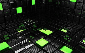 Abstract 3D Grid of Black and Neon Green Cubes in a Dark Digital Space HD wallpaper