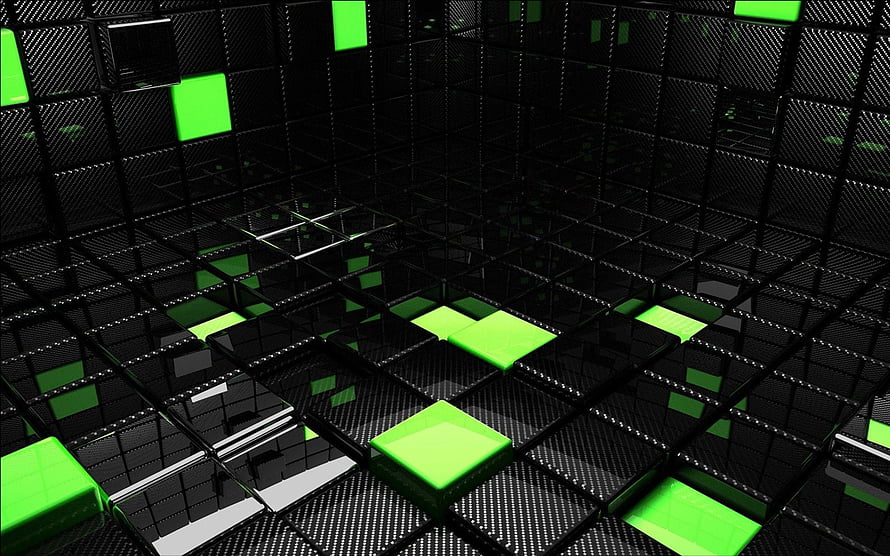 Abstract 3D Grid of Black and Neon Green Cubes in a Dark Digital Space HD wallpaper