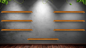 Minimalist Wooden Wall Shelves Against Textured Concrete Wall With Green Vines HD wallpaper