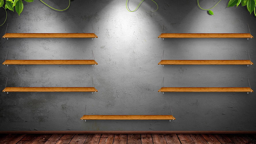 Minimalist Wooden Wall Shelves Against Textured Concrete Wall With Green Vines HD wallpaper