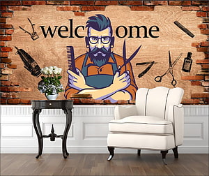 Vintage Barber Shop Cartoon Wall Mural With Brick Texture And Greeting Text HD wallpaper