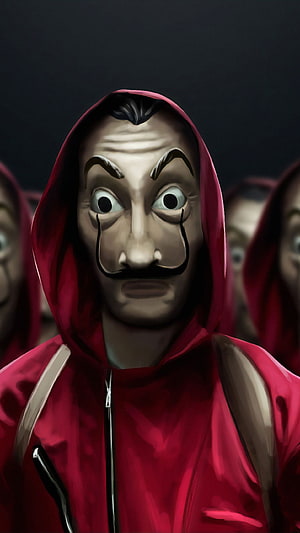 Money Heist Character Portrait in Red Hoodie and Dali Mask HD phone wallpaper