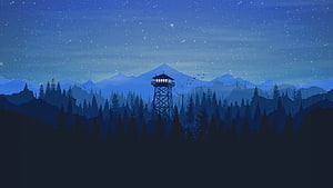 Serene Night Forest Landscape With Illuminated Watchtower And Snowy Mountains HD wallpaper