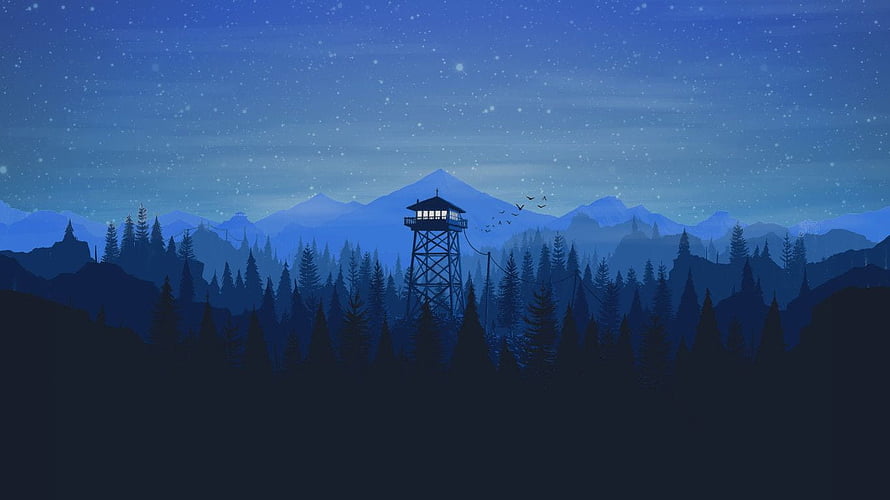 Serene Night Forest Landscape With Illuminated Watchtower And Snowy Mountains HD wallpaper
