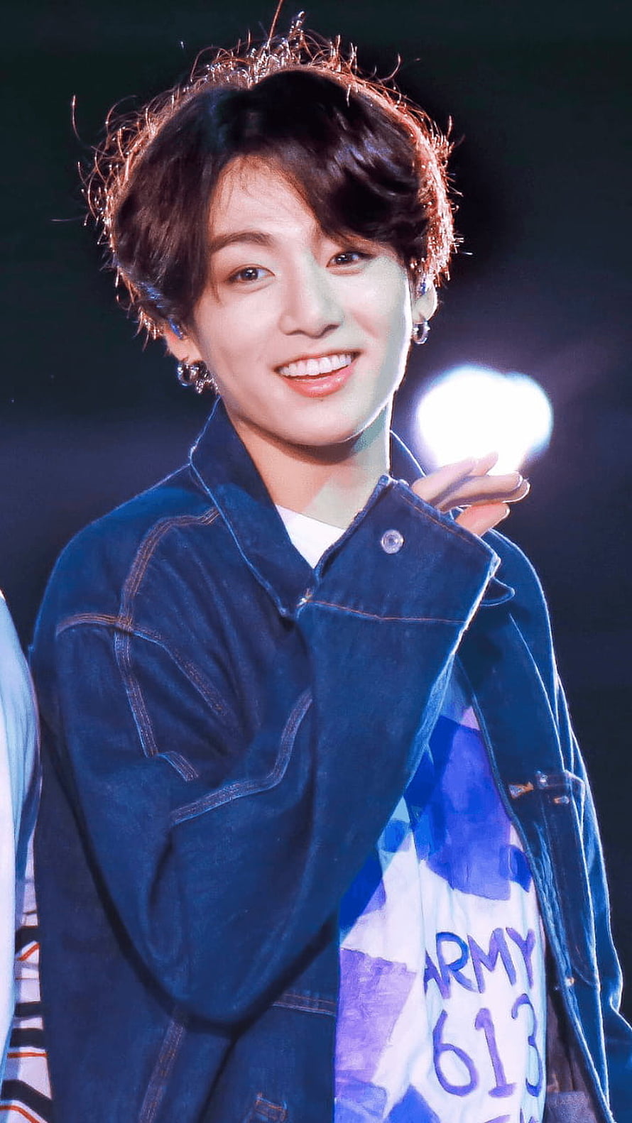 Stunning Portrait of K-pop Idol Stanning in Denim Jacket with Bright Smile HD phone wallpaper